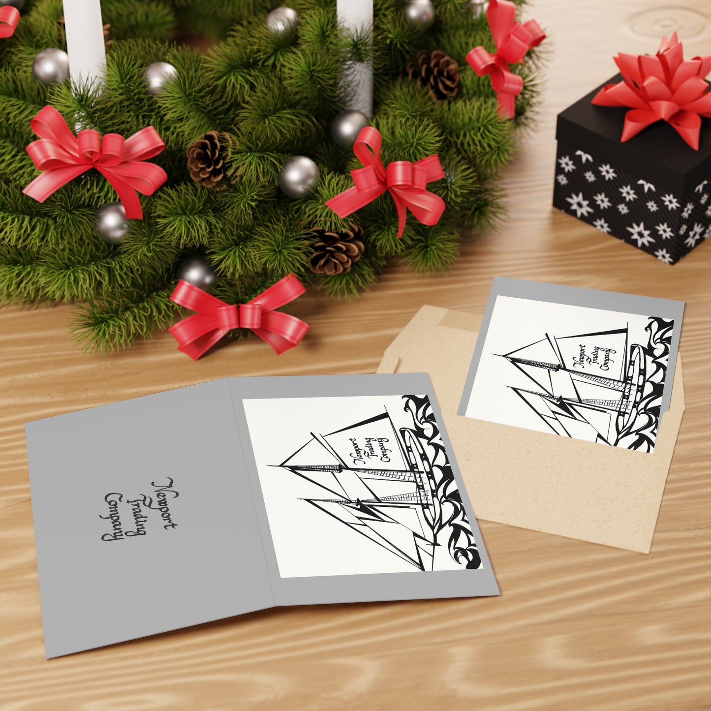 Nautical Sailing Greeting Card — 'Newport Trading Company' Black & White Ship Design (1 or 10-Pack)